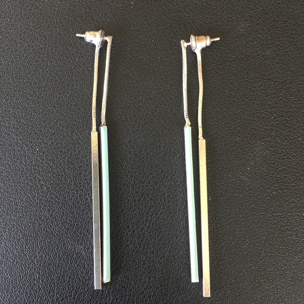 Turquoise and Silver Bar Drop Dangle Post Earrings